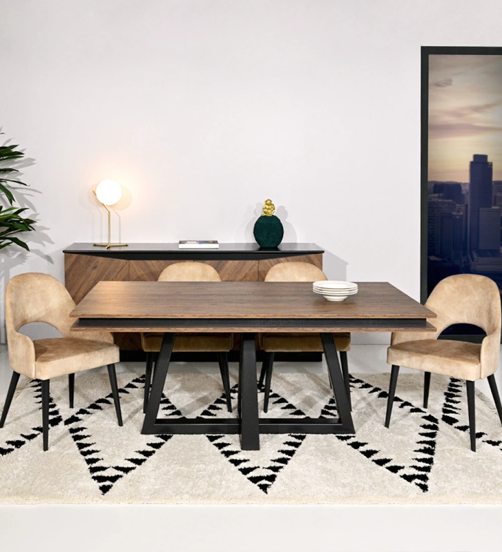 Mesa de jantar extensível retangular com tampo em carvalho envelhecido, pé central lacado a negro