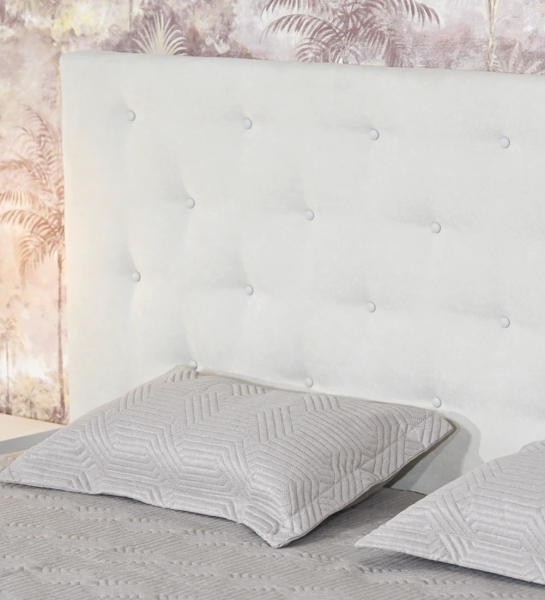 Fabric upholstered headboard, with eco-leather upholstered buttons.