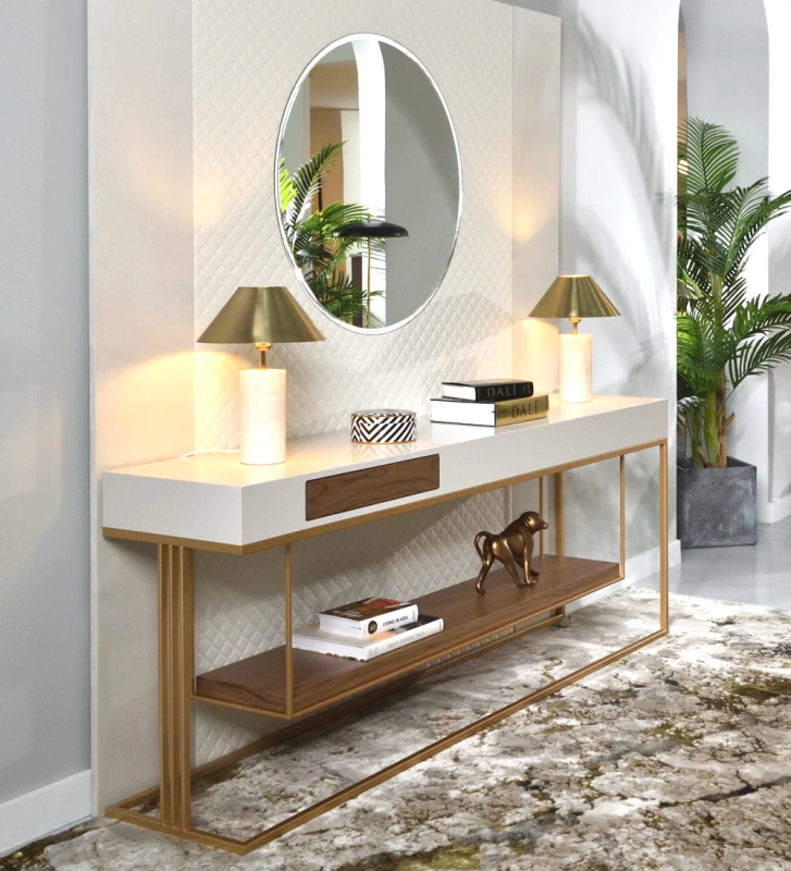 Double-sided console, with drawer on each side and walnut shelf, pearl lacquered structure and golden lacquered metal foot.