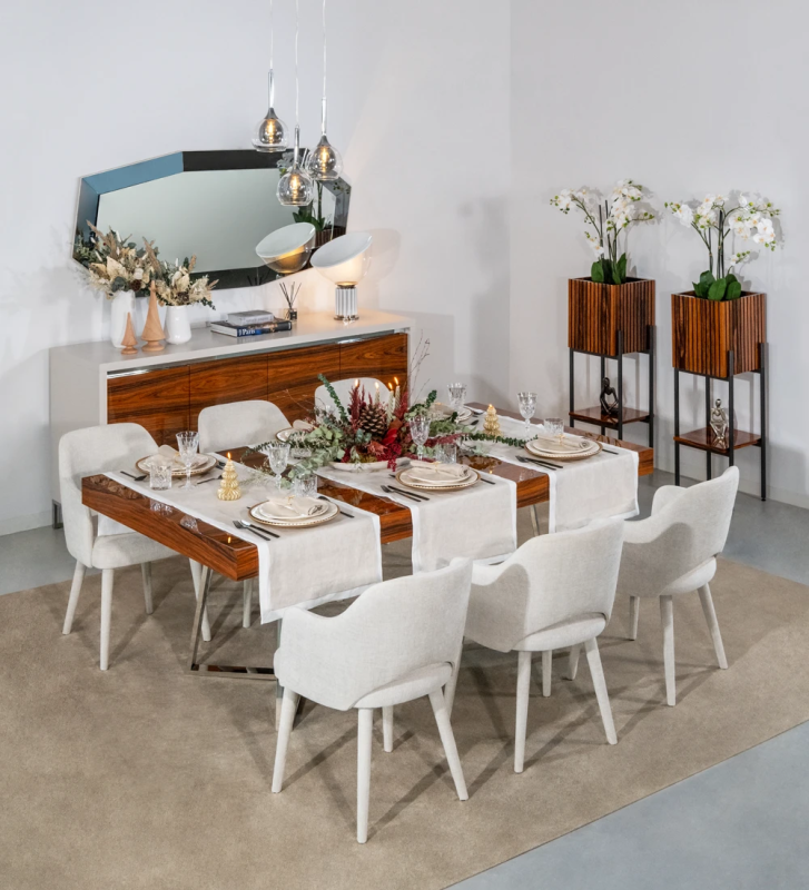 Table de repas rectangulaire extensible avec plateau en palissandre brillant et pied en acier inoxydable.